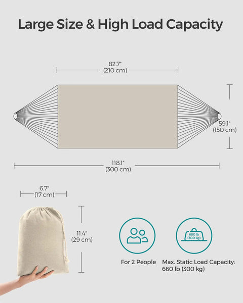 Double Hammock 98.4 X 59.1 Inches With 660 Lb Capacity diagram showing dimensions and bag for portable setup