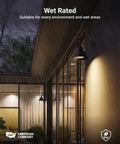 Wet-rated outdoor setting with modern lighting and plants, showcasing Snap Up These Top Shelf Par30 LED Bulbs Featuring Smart Dusk To Dawn Photocell Sensor For Hassle Free Yard Lighting, 11 Watt Flood Light Two Pack Non Dimmable.