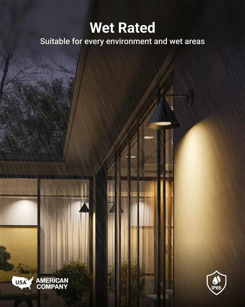 Wet-rated outdoor setting with modern lighting and plants, showcasing Snap Up These Top Shelf Par30 LED Bulbs Featuring Smart Dusk To Dawn Photocell Sensor For Hassle Free Yard Lighting, 11 Watt Flood Light Two Pack Non Dimmable.