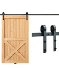 Eight Foot Sliding Barn Door Hardware Kit With 330 Lbs Capacity For A Single Door Fits 3.7 To 4.3 Feet Wide And 1.3 To 1.8 Inches Thick Panels Smooth Silent J Shape Pulley Two Section Tracks Heavy Duty Track System displayed with wooden door and metal hardware pieces