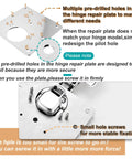 Diagram showing six piece cabinet hinge repair plate kit with stainless steel brackets and pre-drilled holes for DIY fix.