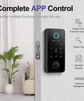 6 In 1 Smart Door Lock With Fingerprint App Control Auto Lock Anti Peep Code Bluetooth And Keyless Entry Remote Unlock IC Card Mechanical Key ANSI Grade 1 Black mounted on door displaying app control options.