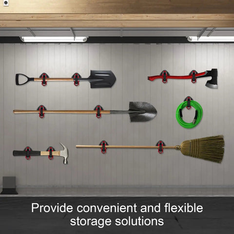 Magnetic Shovel Holder For Trucks And SUVs, No Drill Quick Release Roof Rack Mount securing tools on a garage wall.