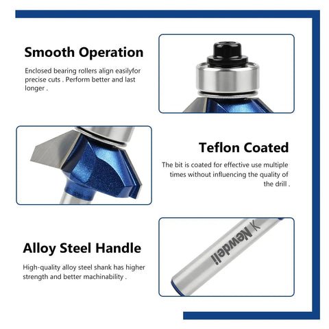 Rock Solid 45 Degree Chamfer Router Bit Set With 1/4 Inch Shank showcasing smooth operation and alloy steel handle.