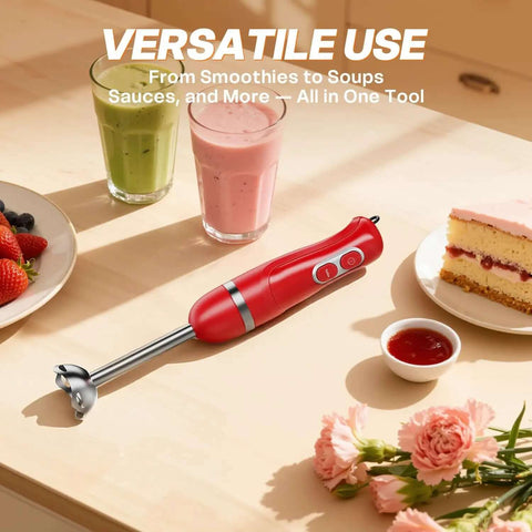 Heavy Duty Corded Immersion Blender With Badass 400 Watt Copper Motor And Slick Two Speed Controls For Hella Smooth Soups Smoothies And Baby Food Puree Making on a kitchen table with smoothies, cake, and fresh strawberries.