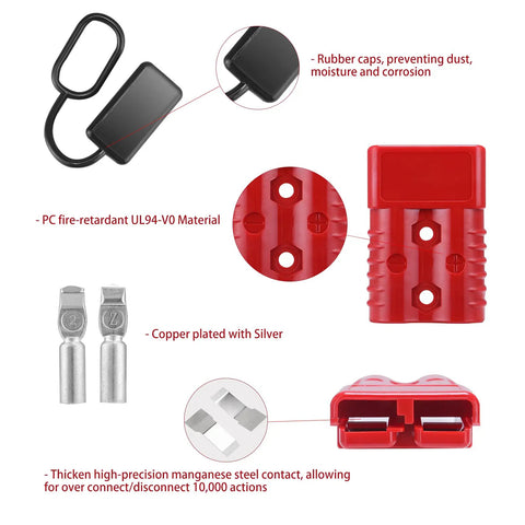 2-4 Gauge 175A Battery Cable Quick Connect Disconnect Plugs Fast Snap On Power Connectors Polycarbonate Housing With Rubber Boots 12-36V For Winches Trailers Tour Buses Electric Forklifts, red connector with rubber caps
