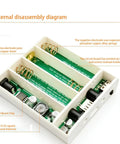 Internal disassembly diagram of No Sweat Tool Free DC5521 Battery Enclosure showing battery slots and circuit details.