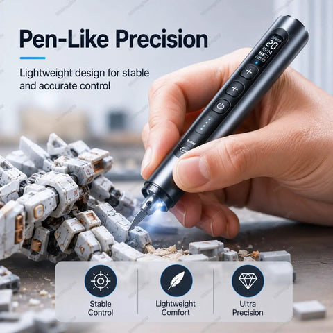 Cordless Ultrasonic Cutter Knife With LED Light, 40k Vibrations Per Second in use on model, close-up angle