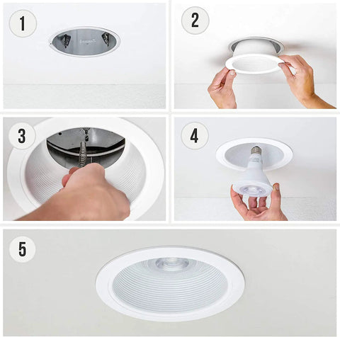 Installation steps for 12 Pack 6 Inch Metal Recessed Can Light Trim Cover With Step Baffle Ring In White Fits Most 6 Inch Housings