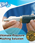 M5 13 Variable Pressure Wash Kit nozzle close-up, showing adjustable external injection, held by hand, X-Jet branding visible