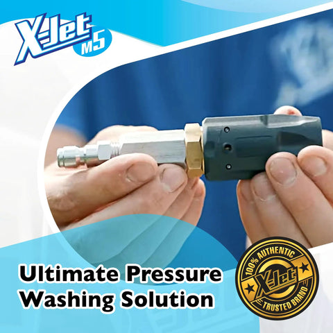 M5 13 Variable Pressure Wash Kit nozzle close-up, showing adjustable external injection, held by hand, X-Jet branding visible
