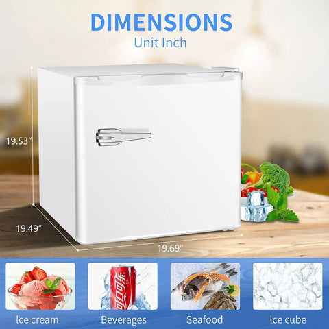 Mini Upright Freezer 1.2 Cu Ft Compact Build With Removable Slides In Bright White Finish with dimensions and cooling options.