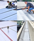 Heavy Duty Black Asphalt Crack Repair Tape used for roofing installation by workers on flat surfaces, showcasing its waterproof features.