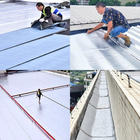 Heavy Duty Black Asphalt Crack Repair Tape used for roofing installation by workers on flat surfaces, showcasing its waterproof features.