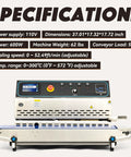 Heavy Duty Continuous Band Sealer With Built In Inkjet Printer Automatic Horizontal Bag Sealer For PVC And Mylar Packaging 0.39 Inch Seal Width 0-16 M/min 0-572 F Industrial Grade specifications with control panel view.