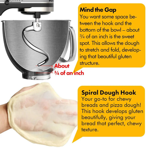 Stainless Steel Spiral Dough Hook Replacement for KitchenAid Stand Mixers 5 Plus and 6 Quart Bowl Lift shown in use.