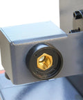 Detailed view of Built Like A Tank Welding Positioner part with brass connector for pipe flange fabrication use.