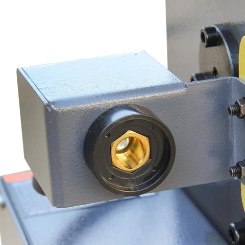 Detailed view of Built Like A Tank Welding Positioner part with brass connector for pipe flange fabrication use.