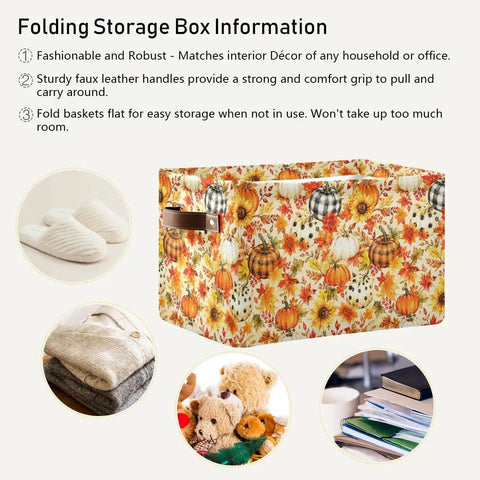 Totally Solid Fall Pumpkin Floral Collapsible Storage Basket With Real Smooth Faux Leather Handles And Water Resistant Fabric for nursery toy organization.