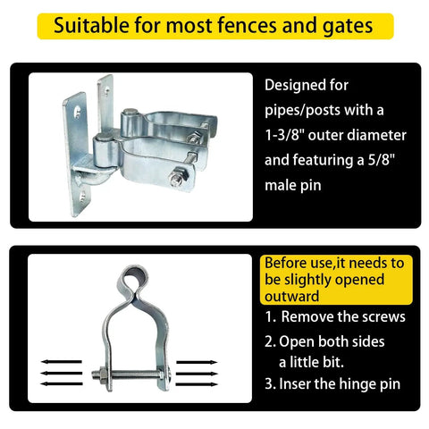Heavy Duty Gate Hinges 2-Pack Wall Mount 1-3/8 Inch For Chain Link Fence And Wood Gates, Built Tough And Rust-Resistant Steel Outdoor Gate Hardware, Farm Gate Hinges And Fence Parts shown.