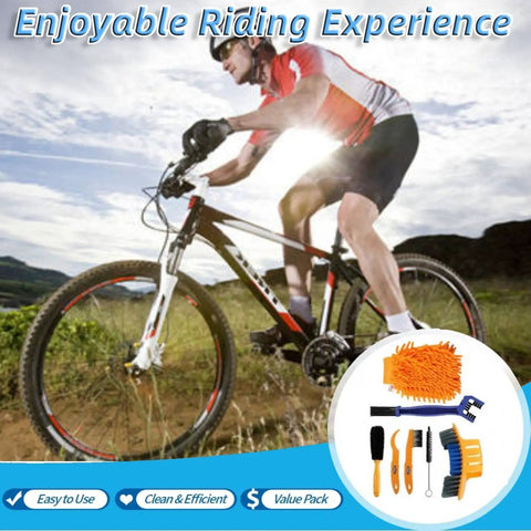 Cyclist on mountain bike with 7 Piece Bike Cleaning Brush Kit For Chain And Frame All In One Bicycle Cleaning Set shown in detail