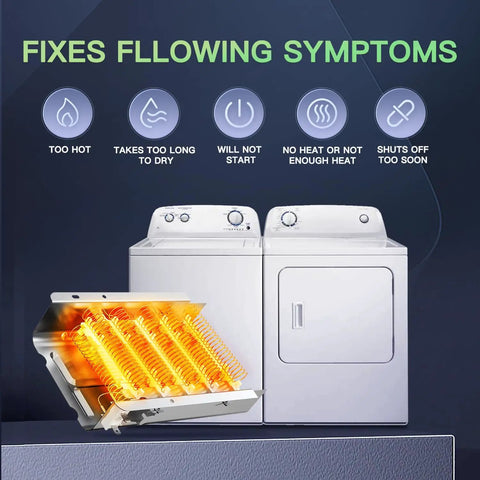 Upgrade 279838 Dryer Heating Element With Nickel Chromium Wire in front of white dryer and washing machine set