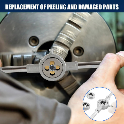 Using 84 Piece Pro Grade Tap And Die Set With SAE And Metric Sizes for threading on machinery part.