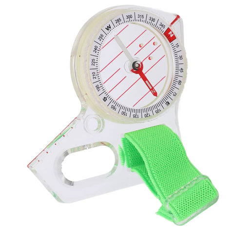 Thumb Orienteering Compass For Outdoor Navigation with green carrying loop, luminous acrylic body, lightweight hiking and camping tool.