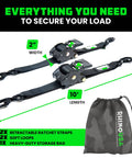 Beefy Heavy Duty Self Retracting Ratchet Straps 2 Inch By 10 Feet With 3033 Pound Break Strength shown with storage bag