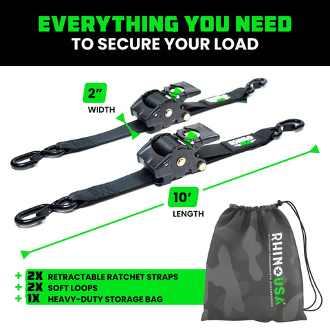 Beefy Heavy Duty Self Retracting Ratchet Straps 2 Inch By 10 Feet With 3033 Pound Break Strength shown with storage bag