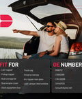 Couple sitting in car trunk with open hatch showing 14 Inch Lift Support Gas Shocks For Truck Camper Shell Topper And Cap Window