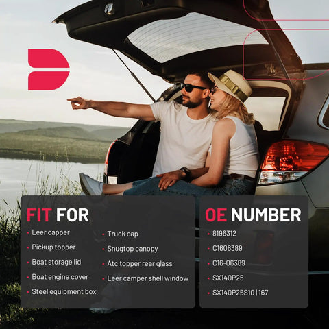 Couple sitting in car trunk with open hatch showing 14 Inch Lift Support Gas Shocks For Truck Camper Shell Topper And Cap Window