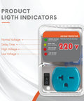 Heavy-Duty 20A 4400W Surge Protector With Smart Circuit Plug And Outlet Saver for Refrigerator and AC, front view with voltage indicators