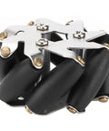 Four 48mm steel Mecanum wheels with black rollers and metal mounting plates