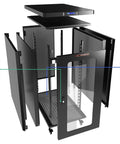 Solid Rig 12U Soundproof Server Rack; exploded view showing cold rolled steel construction and smart cooling features.