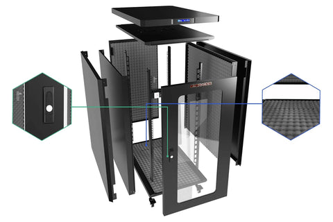 Solid Rig 12U Soundproof Server Rack; exploded view showing cold rolled steel construction and smart cooling features.
