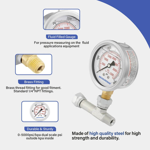 Spraying Pressure Gauge Assembly Compatible With Airless Sprayers Pro Grade High Pressure Fluid Gauge With Tee Fitting One Quarter Inch NPT Threads 0 To 5000 PSI Glycerin Filled, brass fitting