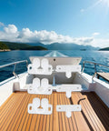 Set Of 3 White Ball Catch Door Latch Roller Cups For Cabinets And Boats displayed on a boat deck, marine environment in background