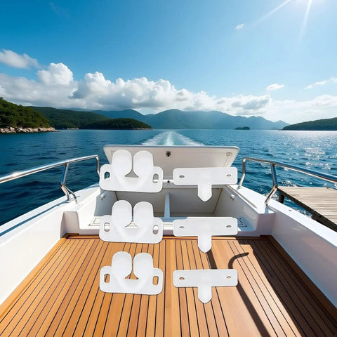 Set Of 3 White Ball Catch Door Latch Roller Cups For Cabinets And Boats displayed on a boat deck, marine environment in background