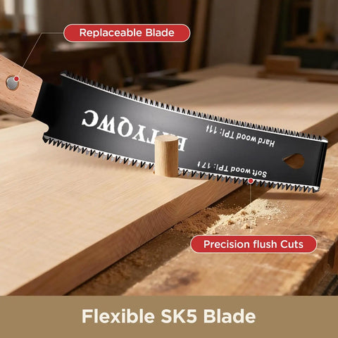6-Inch Double Edge Pull Saw With Flexible SK5 Blade For Flush Cuts Japanese Style Pro Grade Woodworking Tool 17 TPI For Hard Wood And 11 TPI For Soft Wood Durable Double Edged Handsaw For Tight Rips And Smooth Cross Cuts, flush cut view