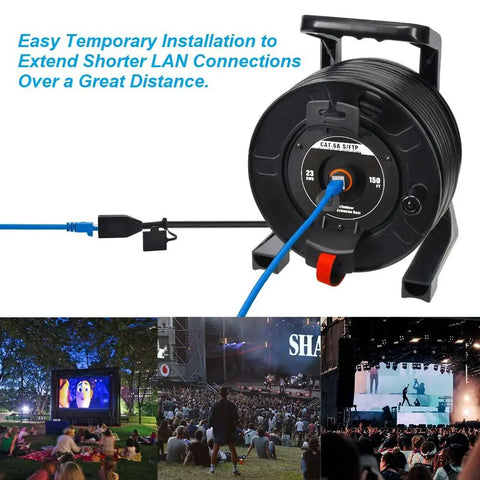 Heavy Duty Cat6A Ethernet Retractable Network Extension Reel Waterproof Shielded Patch Cord 150 Foot in use outdoors at events.