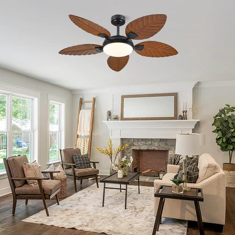 52 Inch Brown Tropical Outdoor Palm Leaf Ceiling Fan With Integrated Lights And Wireless Remote for patio use in stylish living room.