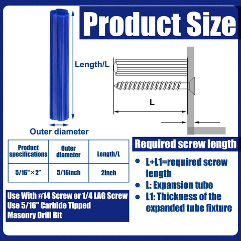 Image of 200 Pcs 5/16 Inch Blue Plastic Screw Anchors 2 Inch Length for drywall, illustrated with measurements and installation details.