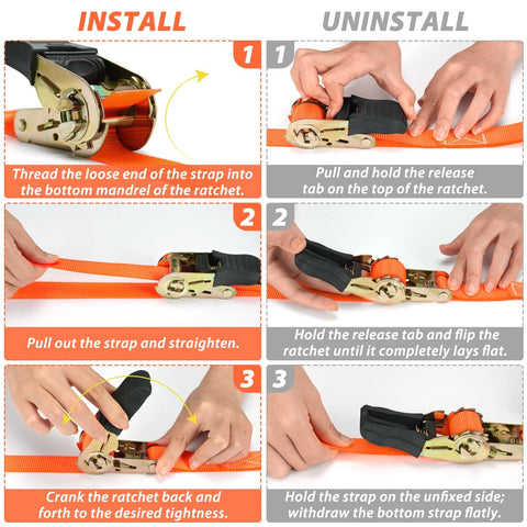 Steps to install and uninstall Heavy Duty Ratchet Tie Down Straps 8 Pack 15 Ft Each 500 Lb Load Capacity 1500 Lb Break Strength Orange