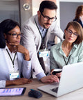 People at laptop wearing Clear Plastic Horizontal Name Tag Card Holders 30 Pack Paired With 30 Black Flat Neck Lanyards With Swivel Hook