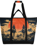 Western Desert Cowboy Insulated Cooler Bag with sunset and cowboy design, ideal for travel, picnics, and camping.
