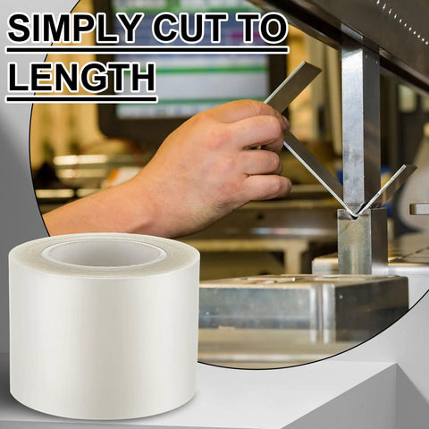 Roll of urethane die protection film near a metal bending machine, hand visible adjusting a metal piece, 4 inch by 0.030 inch film.
