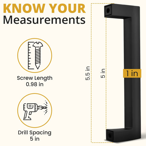 Matte Black Cabinet Pulls 25 Pack, 5.5 Inch Length With 5 Inch Hole Spacing, dimensions and installation details.