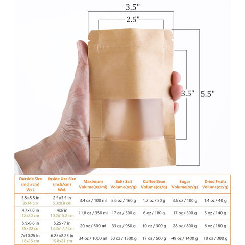 Grab And Go Mini Kraft Paper Bags With Resealable Zipper And Clear Window, 300 Count Stand Up Food Pouches For Snacks And Party Favorites, Sturdy Gusseted Construction With Waterproof Liner