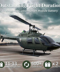 Ultra Realistic 27 To 1 Scale RC Helicopter With Auto Hover Bell OH 58 Style on runway, showcasing design and battery features.